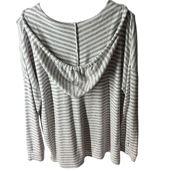 Mesh + Lace V Neck, Long Sleeve Hoodie, Gray and White Stripe, Size Large - Picture 2 of 4